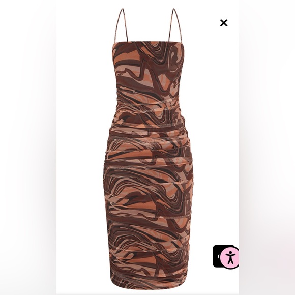 Brown Swirl Print Mesh Ruched Midi Dress - Picture 5 of 5